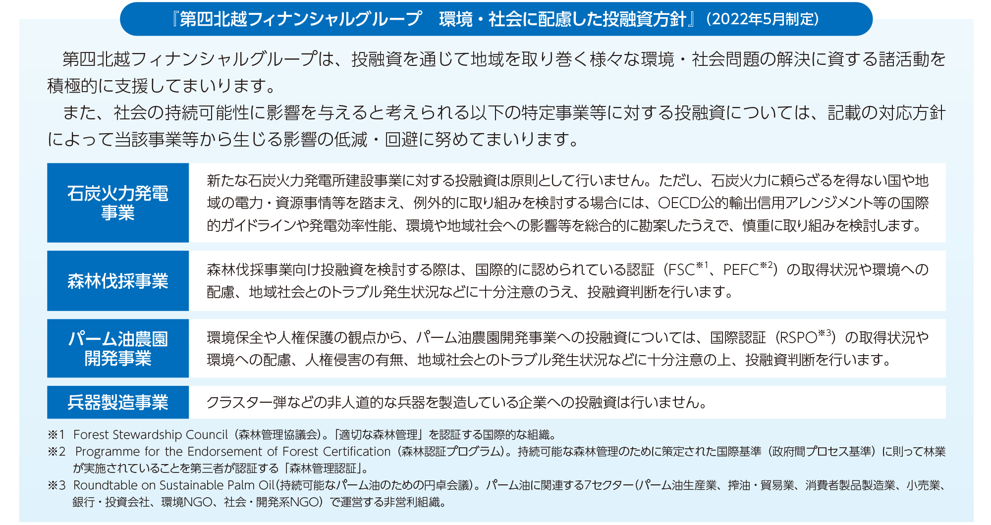 環境・社会に配慮した投融資方針